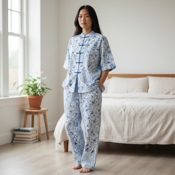 Cabernet Other - CABERNET | Crisp Cotton Blue White Floral Chinoiserie Asian Style Sleepwear | L